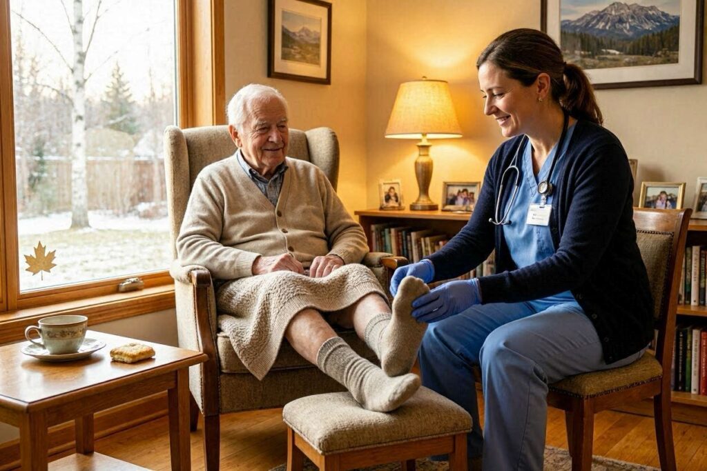 Foot care nurse visiting senior patient at home Niagara Falls Canada